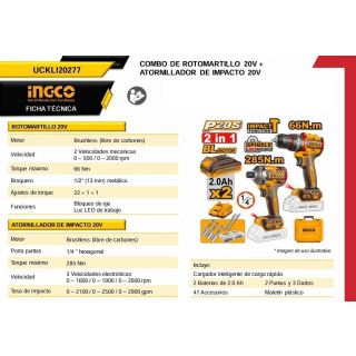 Combo Rotomartillo + Atornillador 20V UCKLI20277 Ingco
