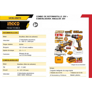 Combo Rotomartillo + Miniesmeriladora 4 1/2” 20V UCKLI20273 Ingco