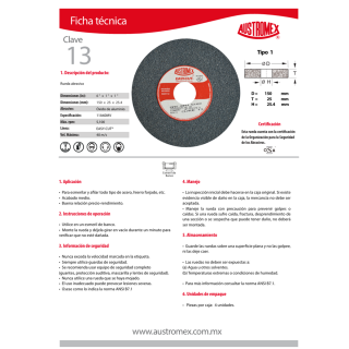 Rueda abrasiva para esmerilado de acero Easy-cut 13 Austromex