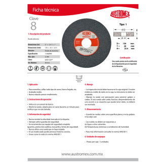 Rueda abrasiva para esmerilado de acero Easy-cut 7/8 Austromex