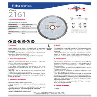 Disco de diamante rin continuo 4-1/2 Pulg 2161 Austromex