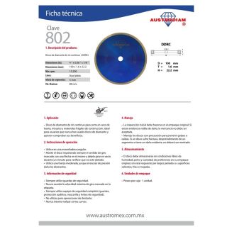 Disco de Diamante Para Corte Loseta 4" 802 Austromex