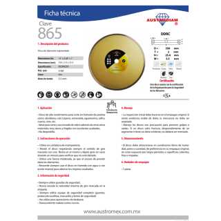 Disco de Diamante Para Corte En Húmedo Vidrio 14” 865 Austromex