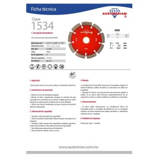 Disco de Diamante Para Corte Cantera 4-1/2” 1534 Austromex