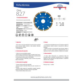 Disco de Diamante Para Corte Seco Loseta 4-1/2” 827 Austromex
