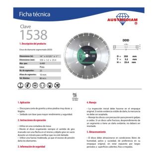 Disco de Diamante Para Corte de Granito 14" 1538 Austromex