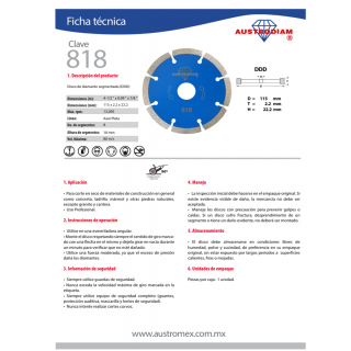 Disco de Diamante Para Corte Concreto 4-1/2” 818 Austromex