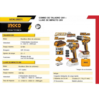 Combo Llave de Impacto + Atornillador 20V UCKLI20271 Ingco