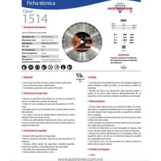 Disco de diamante segmentado corte concreto 14" 1514 Austromex