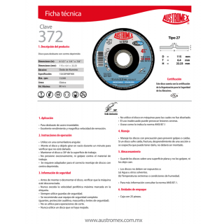 Disco para desbaste de acero inoxidable 4-1/2 Pulg 372 Austromex