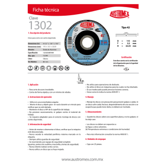 Disco para corte de acero inoxidable 4-1/2 Pulg 1302 Austromex