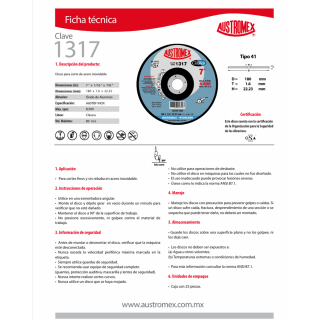 Disco para corte de metal 7 Pulg 1317 Austromex