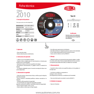 Disco corte de metal 9 Pulg 2010 Austromex