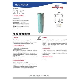 Broca de Diamante para Perforar Granito 1-1/4”x 4” x M14-2 2170 Austromex