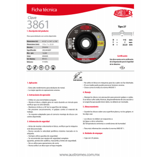 Disco para desbaste de metal 4-1/2 Pulg 3861 Austromex