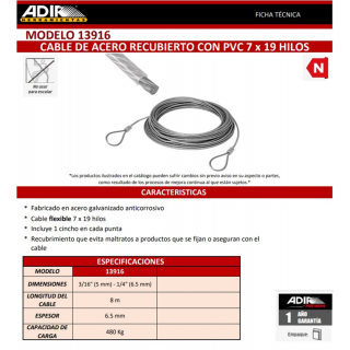 Cable De Acero Galvanizado Cubierto Con PVC 8M 3/16 13916 Adir