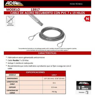 Cable De Acero Galvanizado Cubierto Con PVC 4M 3/16 13917 Adir