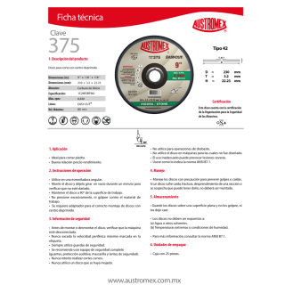 Disco para corte de piedra 9 Pulg 375 Austromex