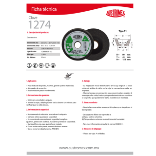 Copa Mini Desbaste Piedra G80 3-5/32" x 1-3/4" x 5/8"-11H 1274 Austromex