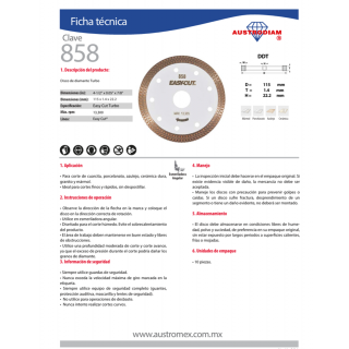 Disco de Diamante Turbo Para Corte Cuarcita 4-1/2” 858 Austromex