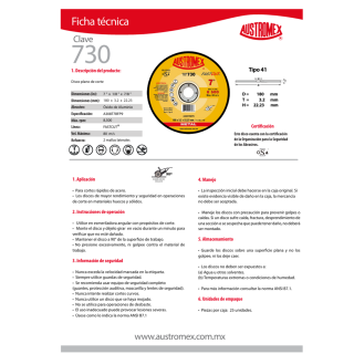 Disco para corte de acero inoxidable 7 Pulg 730 Austromex