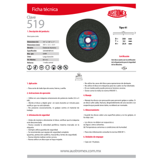 Disco para corte de metal 14 Pulg 519 Austromex